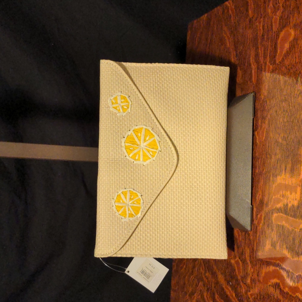 NWT! Colorplay Beige Straw Raffia Envelope Clutch Yellow Lemon Slices
